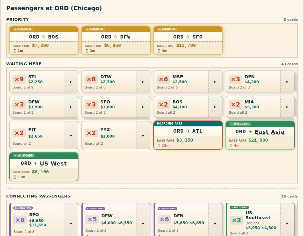 Passenger cards waiting at Chicago: charter flyers, stacks of travelers by destination, wildcards and connecting passengers