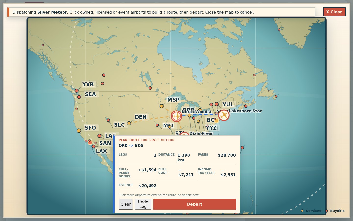 Planning a flight from Chicago to Boston, with fares, fuel and estimated profit shown before departure
