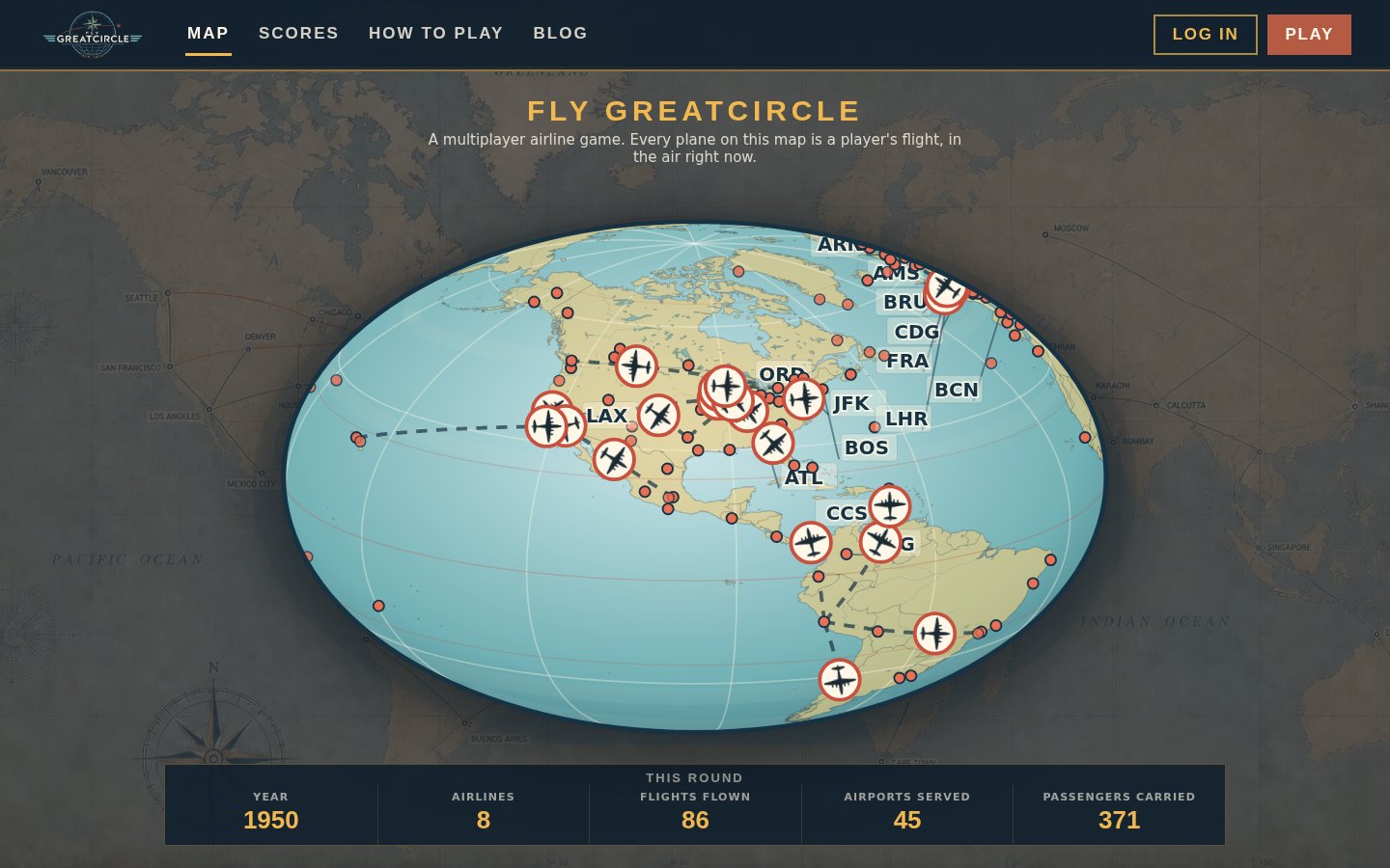 The homepage map: a globe of the Americas covered in airline flights