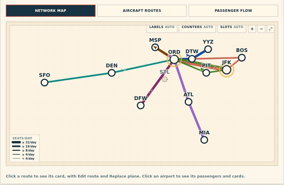 Meridian Air's route network: seven colored routes fanning out from Chicago